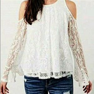 Ivory Lace Cold Shoulder Bell Sleeved Blouse